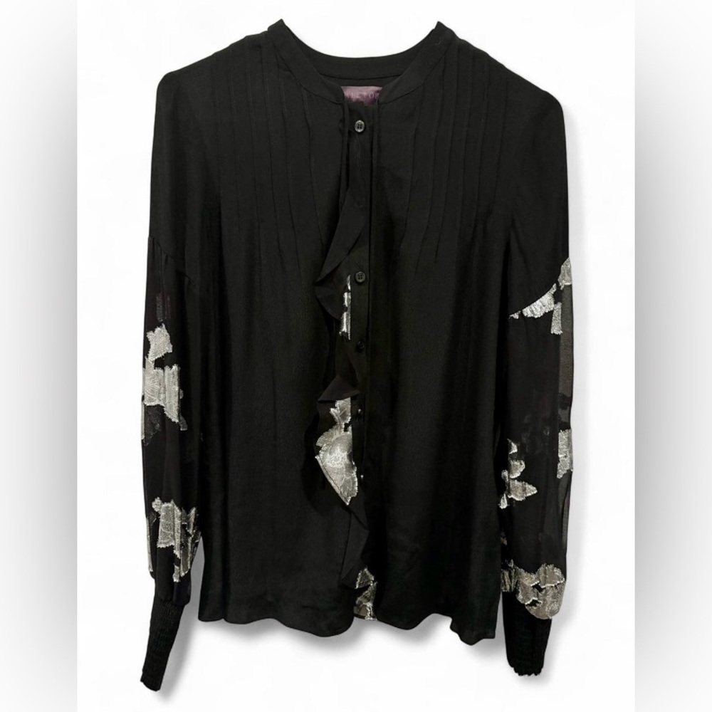 Hale Bob Button‎ Down Foiled Chiffon Semi Sheer Blouse Small Silk Pleated Black